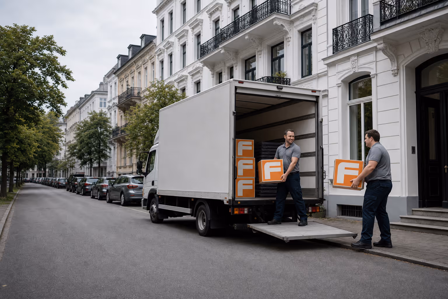 Fuhrmann Umzugsteam belädt einen LKW in einer Hamburger Wohnstraße