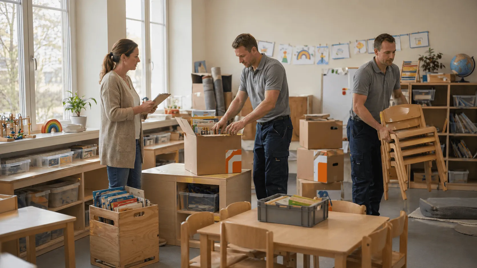 Fuhrmann-Team beim Verpacken eines Kita-Gruppenraums