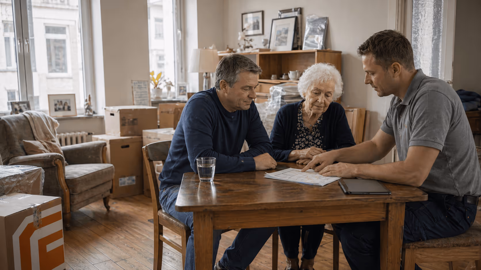 Seniorin umgeben von Umzugskartons – Seniorenumzug Hamburg