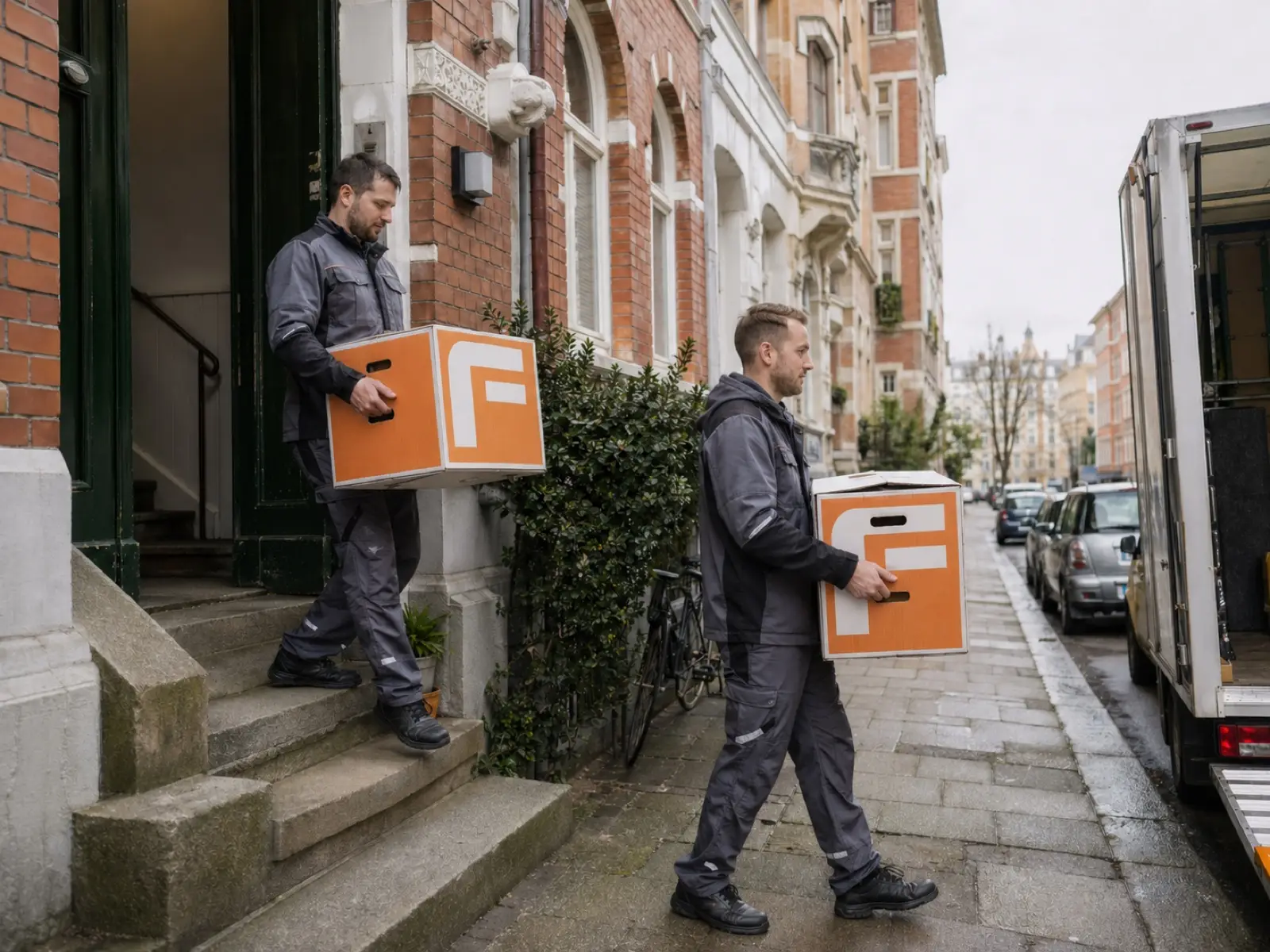 Zwei Mover von Fuhrmann tragen orange-weiße Fuhrmann-Kartons mit F-Logo aus einem Hamburger Altbau zum LKW