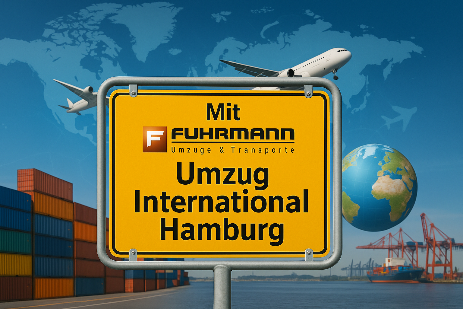 Fuhrmann Umzüge: „Umzug International Hamburg“ – Schild vor Containerhafen und Weltkugel.